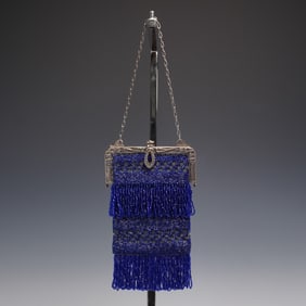 Vintage Blue Beaded Purse With Tiered Fringe and Ornate Floral Frame