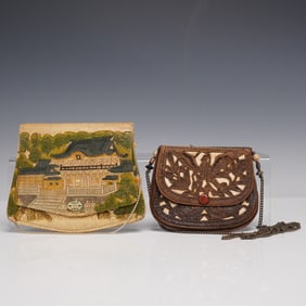 2pc Embossed Leather Handbags: Japanese Scenic Purse & Tooled Bird Motif
