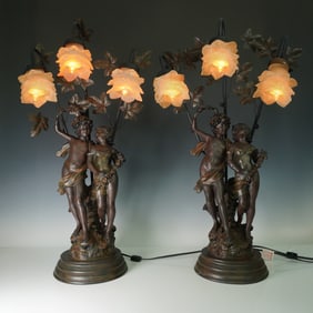 Auguste Moreau (After), Two Table Lamps, Resin and Glass