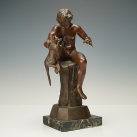Man Grabbing Cat Bronze Toned Sculpture