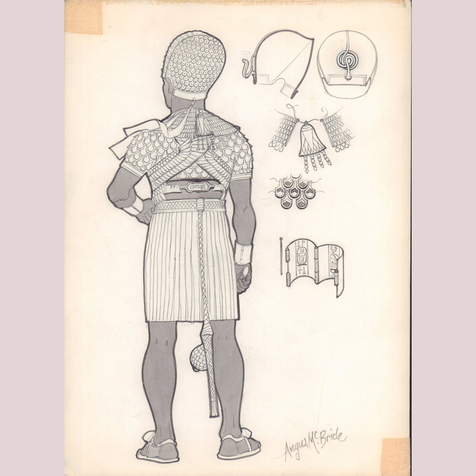 Angus McBride Gouache Drawing, Egyptian Warrior, Signed: Original illustration by renowned historical artist Angus McBride, presenting a detailed back view study of an ancient Egyptian warrior in full scale armor. Executed in gouache and graphite, the work 