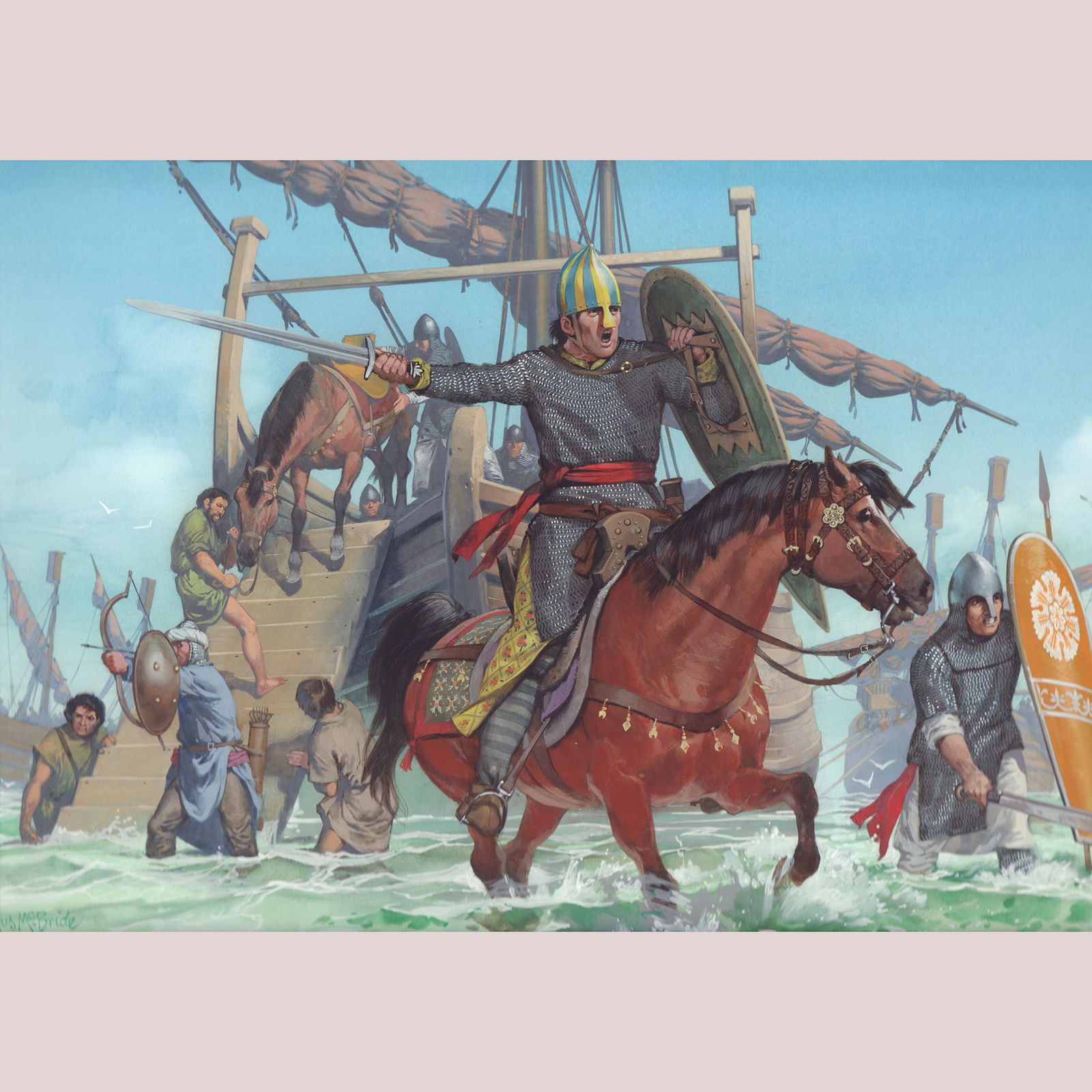 Angus McBride Original Gouache on Board, Scythian Warriors, Signed: Dynamic gouache illustration by Angus McBride depicting three Scythian warriors in vivid detail. The central mounted female archer wears traditional ornamented armor and patterned trousers, flanked by