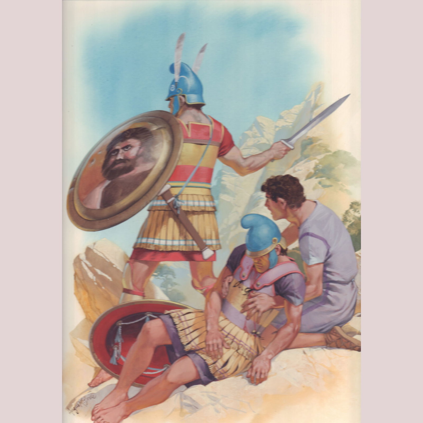 Angus McBride Original Gouache on Board, Wounded Roman Soldiers, Signed: n evocative original gouache painting by the legendary Angus McBride, this work captures a moment of pathos among ancient warriors. Three Roman soldiers are depicted amidst rocky terrain, their bright