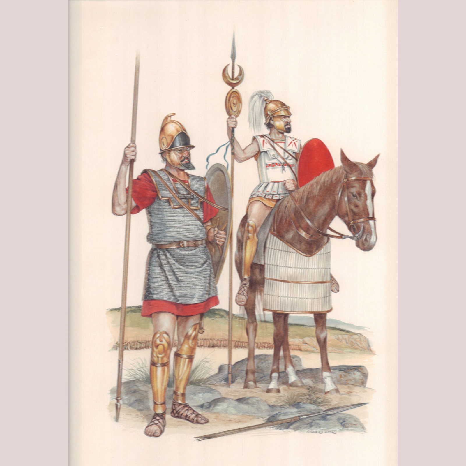 Richard Hook Original Gouache on Board, Hannibal's Warriors, Signed: An authoritative original gouache painting by British illustrator Richard Hook, this composition portrays Carthaginian warriors during the Second Punic War. A bearded spearman in bronze greaves and re