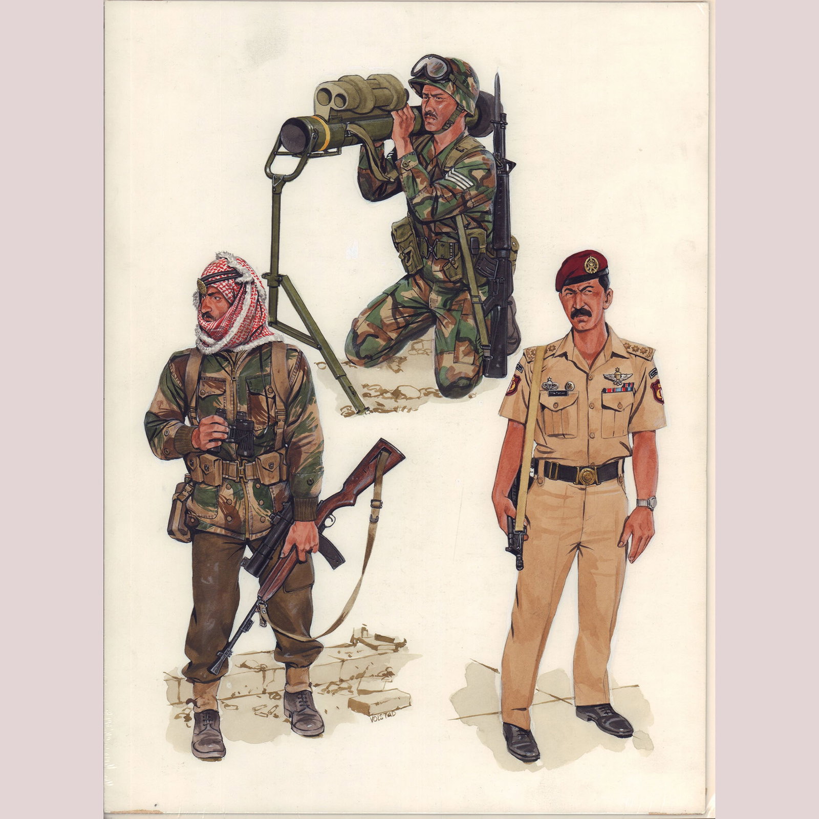 Ron Volstad Original Gouache on Board, Iraqi Army Figures, Signed: Original gouache illustration on board by Ron Volstad featuring three Iraqi military figures. At center, a kneeling soldier in woodland camouflage operates a wire-guided anti-tank missile system, equi
