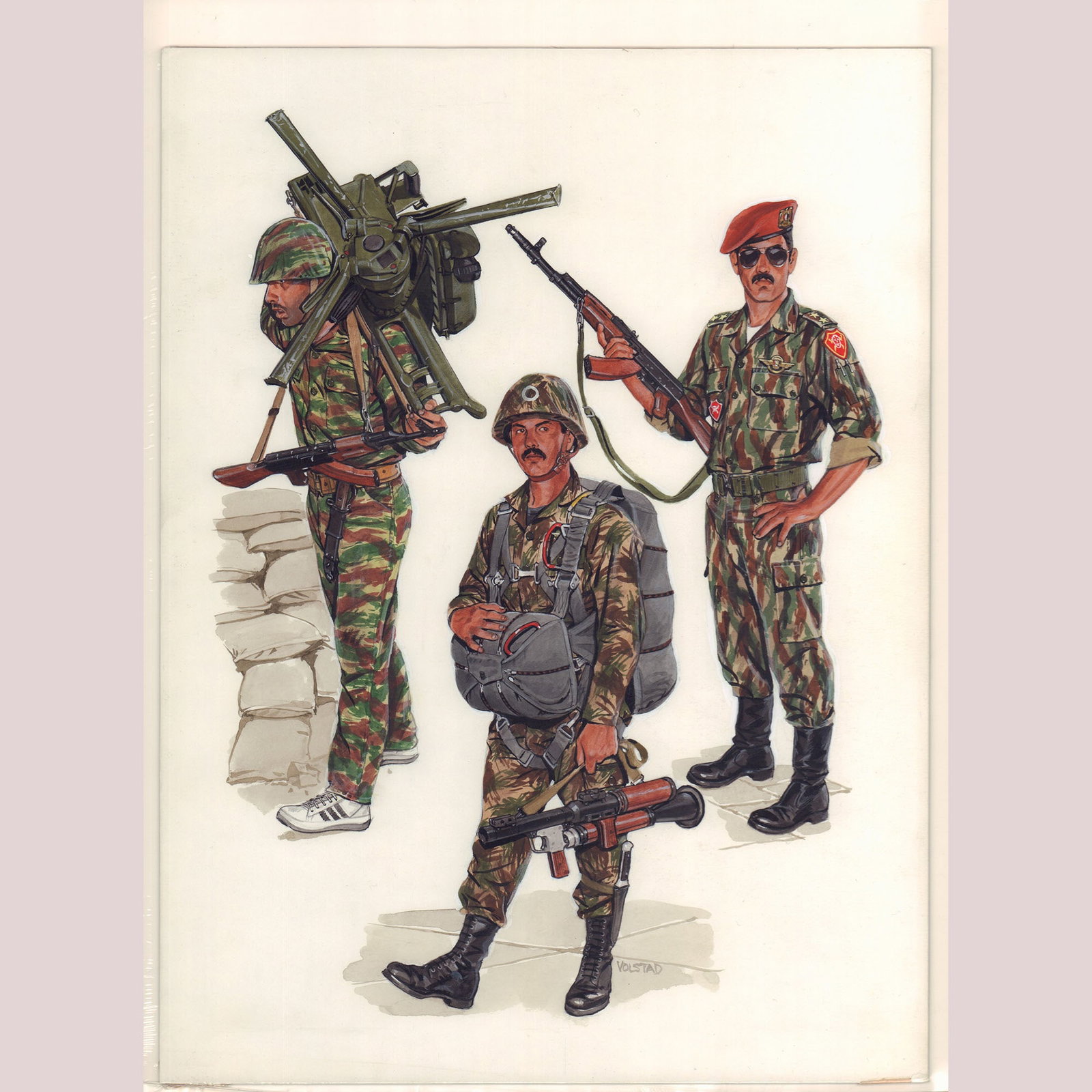 Ron Volstad Original Gouache on Board, Paratroopers, Signed: Rendered with exceptional clarity, this original gouache on board by Ron Volstad is signed at lower right beside the central figure. The composition features three camouflaged soldiers in modern airbo