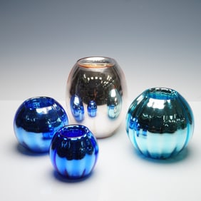 4pc Mercury Glass Blue and Silvered Rose Bowls