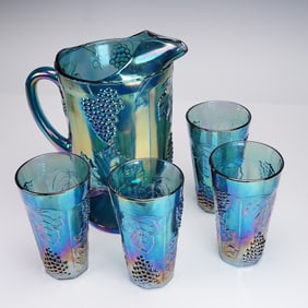 5pc Blue Carnival Glass Pitcher & Tumbler Set Grapevine Pattern
