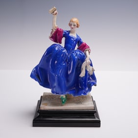 2pc Hand Painted Porcelain Figurine Woman in Blue Dress with Base