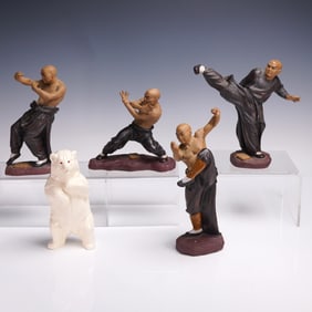 5pc Martial Arts Shaolin Monks Porcelain Figurines with Bear