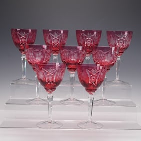 9pc Red Cut to Clear Crystal Wine Glasses