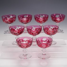 9pc Red Cut to Clear Crystal Sherbet Glasses