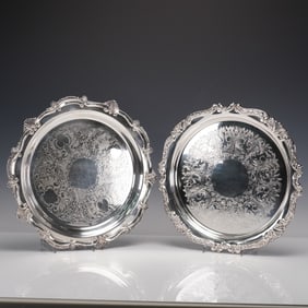 2pc W.SB & Sheridan Taunton Silversmiths Silverplate Footed Salvers
