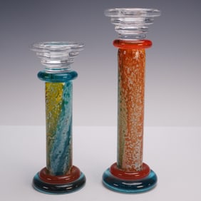 2pc Kjell Engman for Kosta Boda Glass Candlesticks CanCan Series