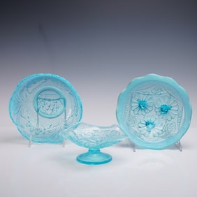 3pc Dugan, Northwood & Fenton Opalescent Pressed Glass Bowls