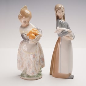 2pc Lladro Porcelain Figurines, Girl from Valencia and Girl with Pig
