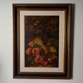 Original Oil on Canvas Painting, Roses, Fruits & Butterflies, Signed