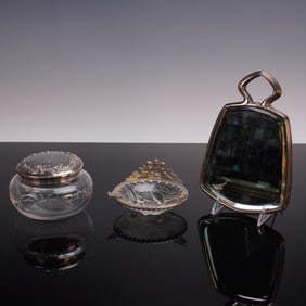 4pc Sterling Mirror, Metal & Glass Ashtray, Etched Glass Jar