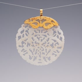Chinese White Jade Openwork Pendant with Gilt Mount