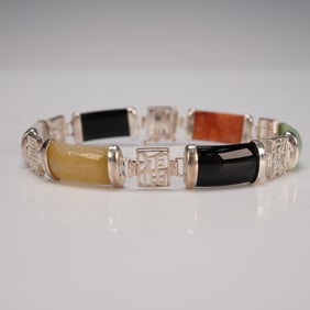 925 Sterling Multi-Color Jade Link Bracelet Chinese Inspired