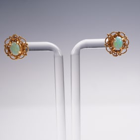 14k Gold Opal Cabochon Floral Openwork Earrings