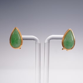Pair of 18K Gold and Jadeite Earrings