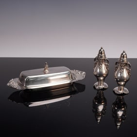 3pc Wallace Silverplate Grouping Baroque Butter Dish & Shakers