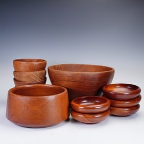 11pc Mid-Century Teak Wood Bowl Set