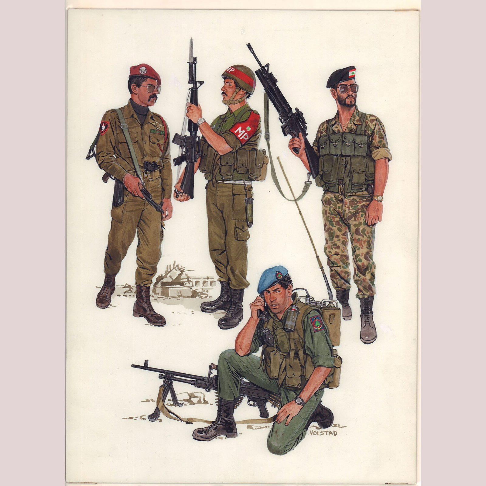 Ron Volstad Original Gouache on Board, Soldiers, Signed: An exceptional original gouache painting by the renowned military illustrator Ron Volstad, this work captures four distinct modern soldiers in meticulously rendered uniforms and gear. Featuring striki