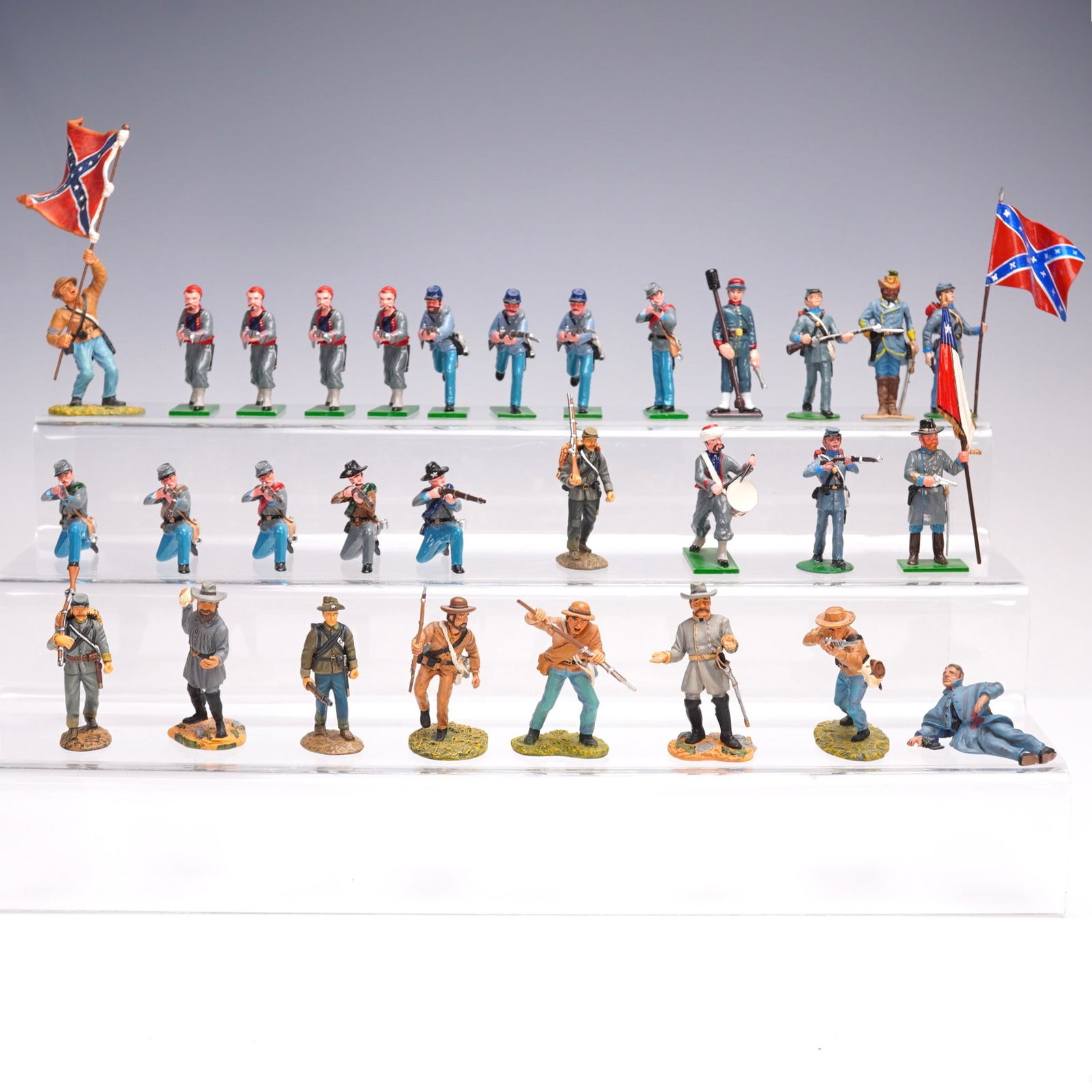 30pc American Civil War Military Miniature Figurines: 30-piece collection of painted historical miniature figures depicting American Civil War soldiers. The set includes a variety of poses such as advancing, charging with bayonets, drumming, carrying fla
