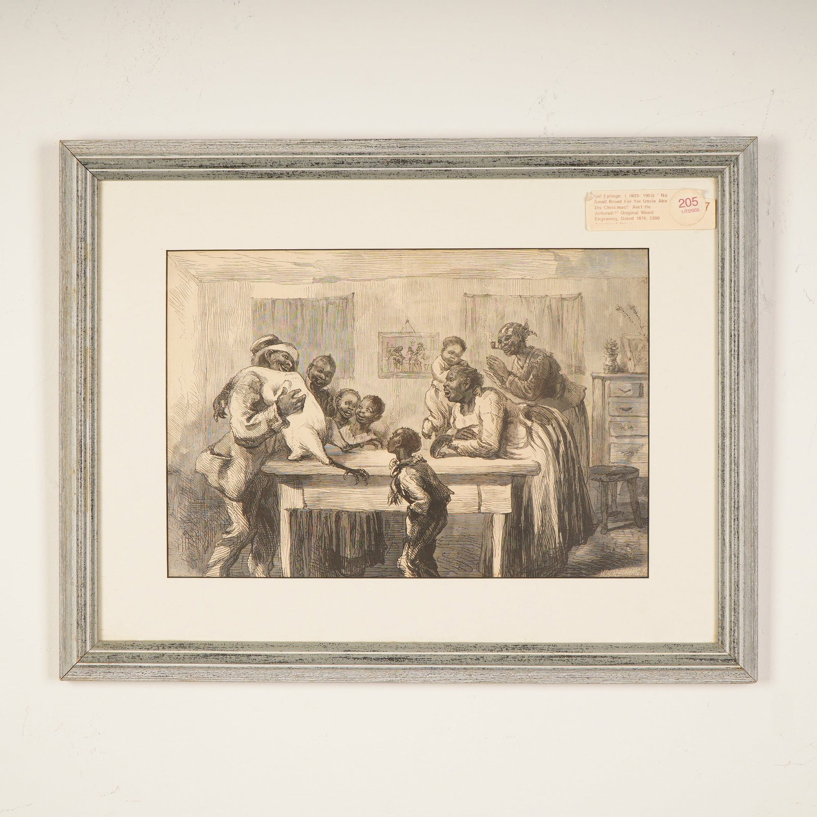 Sol Eytinge, 1876 Black Americana Engraving on Paper for Harpers Weekly: A rare and evocative original wood engraving by Sol Eytinge, this 1876 illustration titled No Small Breed Fer Yer Uncle Abe Dis Chris'mas! Ain't He Acherub? captures a dynamic scene of African America