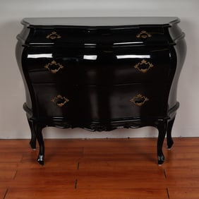 Black Lacquer Finish Bombe Chest with Brass Handles