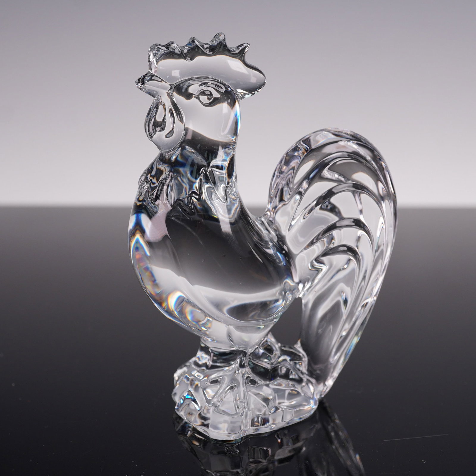Baccarat Zodiac Collection Crystal Figurine, Clear Rooster with Box: Baccarat France clear crystal rooster figurine, finely detailed with sculpted plumage and comb, signed with acid-etched Baccarat hallmark to the underside. Retains original red Baccarat box. Issued: 2