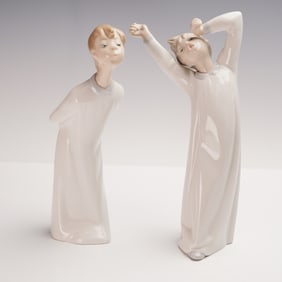 2pc Lladro Porcelain Figurines, Boy Yawning and Boy Kissing