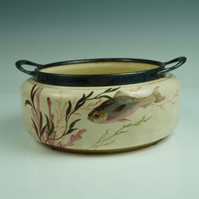 Hand-Painted French Art Pottery Handle Pot w/ Fish and Seaweed