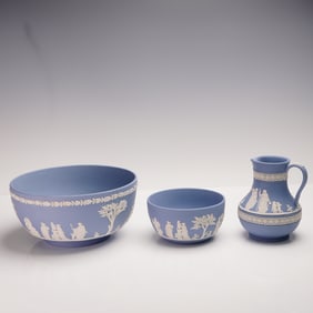 3pc Wedgwood Blue Jasperware Bowls and Jug