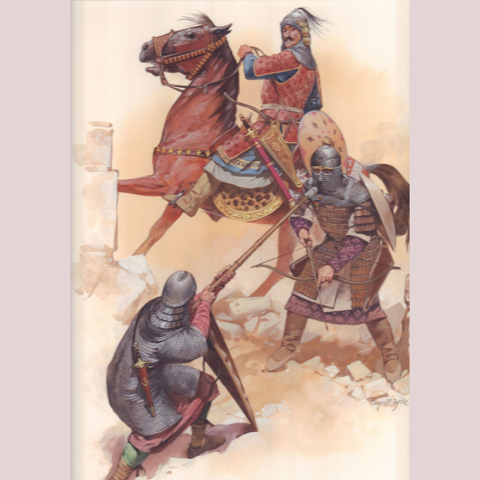 Angus McBride Original Gouache on Board, Ottoman Turkish Warriors, Signed: A vivid original gouache painting by the legendary Angus McBride, this work depicts a dramatic clash between Ottoman warriors amid the shattered remnants of a fortress. A mounted lancer in richly patt