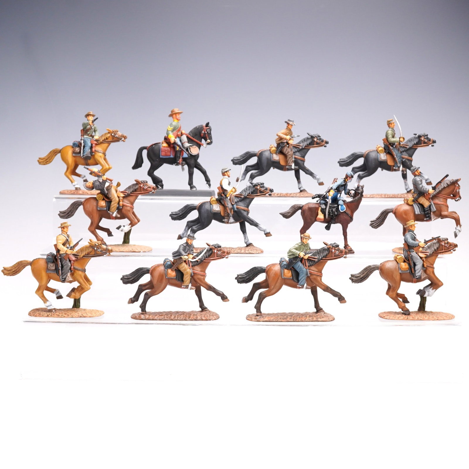 23pc American Civil War Cavalry Soldiers Miniature Figurines: Set of 23 painted miniature figures depicting American Civil War cavalry soldiers. Each piece is hand-painted with detailed representations of period-accurate uniforms and equipment. Most of the figur