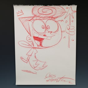 Red Pencil Drawing of Nickelodeon Character Wanda, Signed Chris Robertson