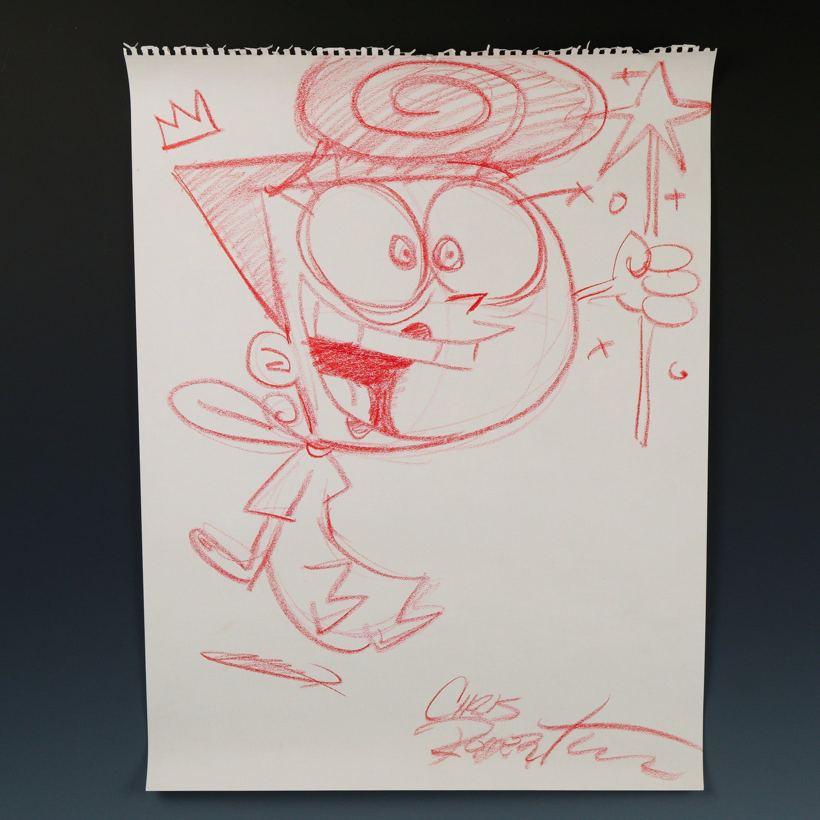 Red Pencil Drawing of Nickelodeon Character Wanda, Signed Chris Robertson: Delightful original character sketch of Wanda, the wise and witty fairy godmother from Nickelodeon's iconic animated series The Fairly OddParents. Drawn in vivid red pencil, the piece exudes the show'