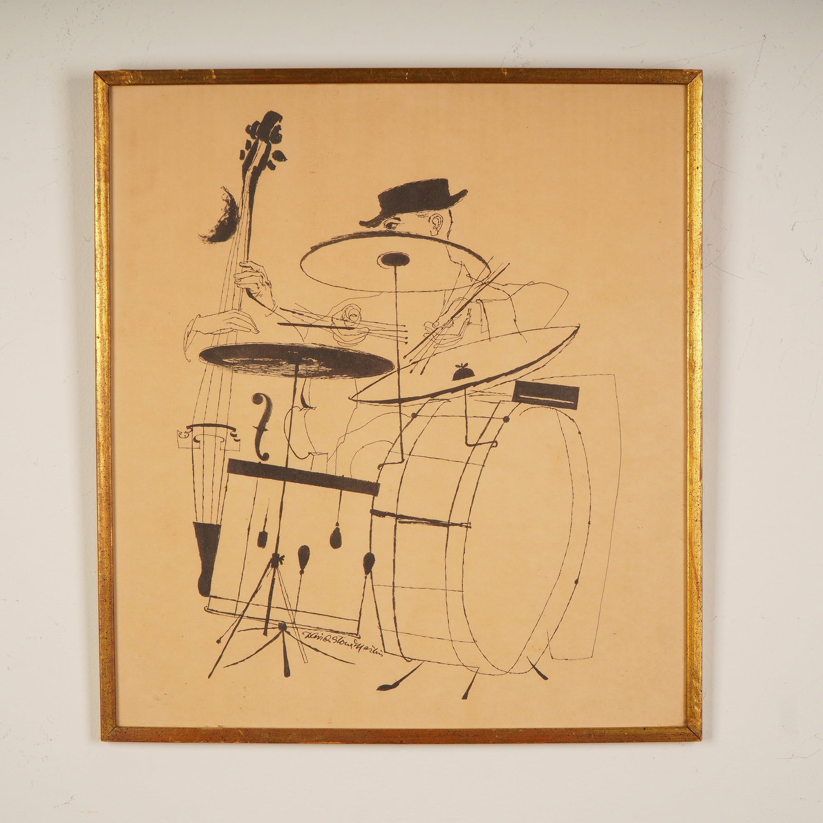 David Stone Martin, Original Lithograph on Paper, The Jazz Drummer: A dynamic and delightfully minimalist lithograph on paper, The Jazz Drummer (or Bending a Wire) by David Stone Martin captures the kinetic energy and syncopated rhythm of a jazz ensemble with masterfu