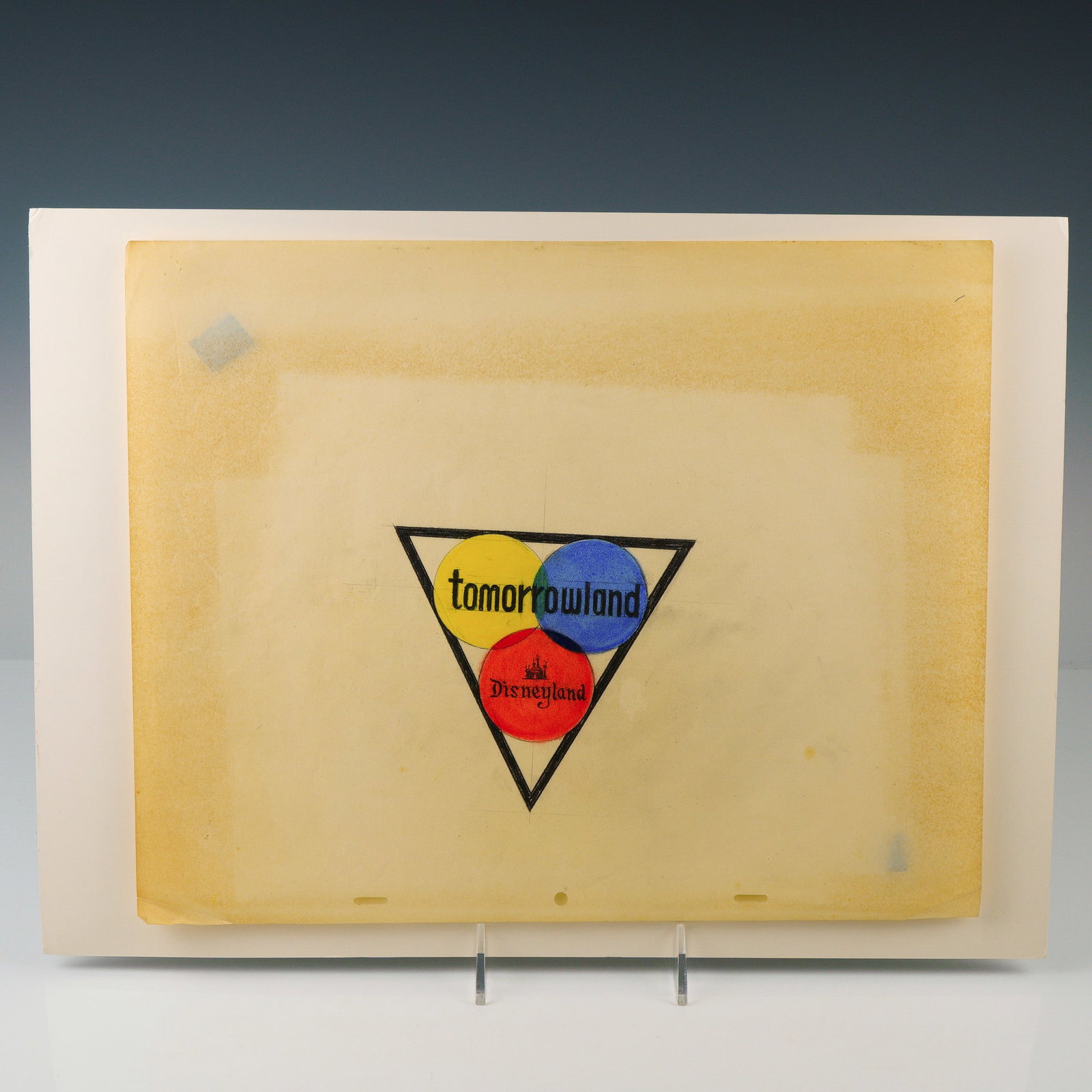 Rare Disneyland Tomorrowland Original Concept Drawing, Hand-Colored Design: An original preparatory concept drawing for Disneyland's Tomorrowland, executed in wax pastel on paper. The design features three overlapping circles in primary colors, yellow, blue, and red, arranged