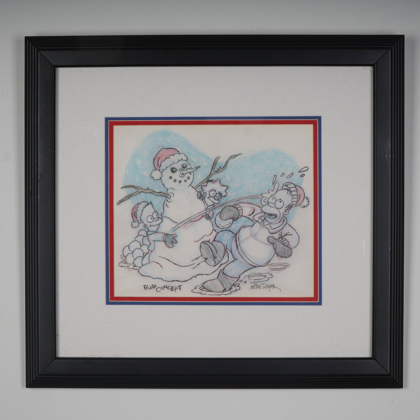 Original Simpsons Concept Drawing by Mike Royer Ruff Concept with COA: A whimsical and rare original concept artwork titled Ruff Concept Drawing by celebrated animator Mike Royer, featuring beloved characters from The Simpsons. In this playful winter scene, Homer Simpson