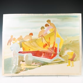 Large Original Modernist Watercolor on Paper, Launching the Boat