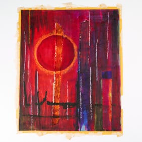 M. Johnson, Original Collage on Paper, Circle Sun w/ Vertical Bands, Signed