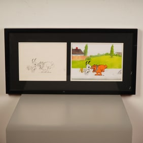 Original Peanuts Production Cel & Matching Drawing Snoopy, Woodstock w/ COA