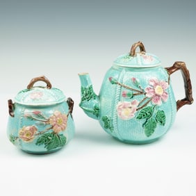 4pc Majolica Style Teapot and Sugar Jar with Lids