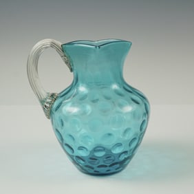 Blue Coin Dot Art Glass Pitcher with Clear Ribbed Handle