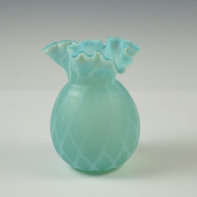 Blue Satin Diamond Quilt Glass Vase with Ruffled Rim