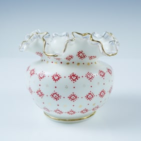 Milk Glass Vase with Red Diamond Pattern and Ruffled Rim